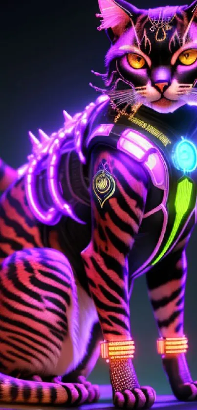 A vibrant cyberpunk cat with neon lights in a futuristic setting.