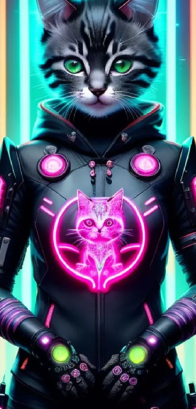 Cyberpunk cat in vibrant neon lights, futuristic art.