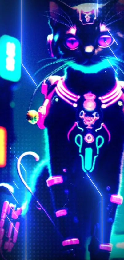 Cyberpunk cat in neon lights on a dark background.