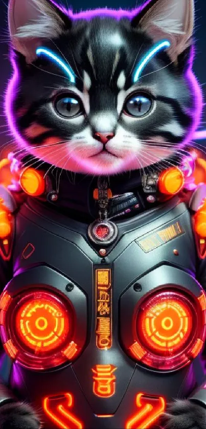 Cyber cat with neon lights and futuristic design, vibrant colors.