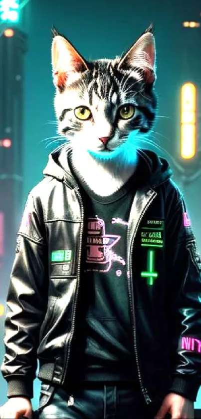 Cyberpunk cat in neon cityscape with black jacket.