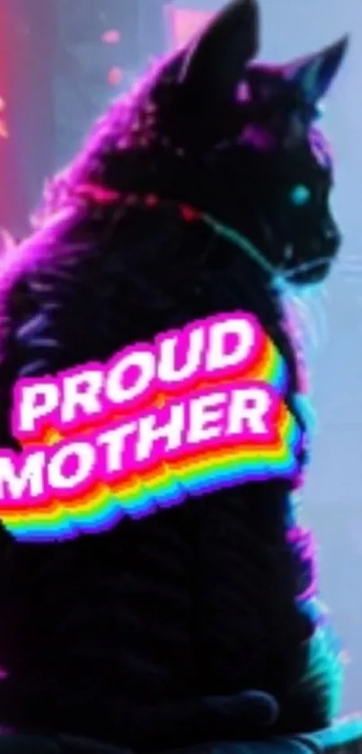 Neon cyber cat with 'Proud Mother' text in vibrant colors.