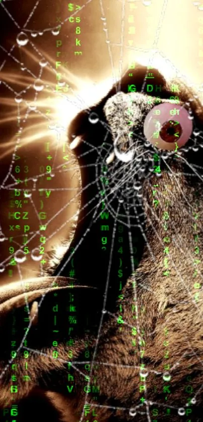 Cat with digital code and spider web overlay, dark tones.