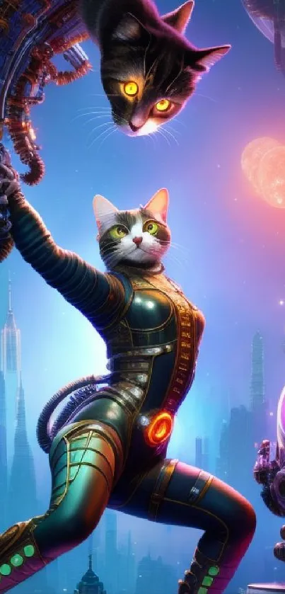 Cyber-themed cats in a vibrant futuristic cityscape.