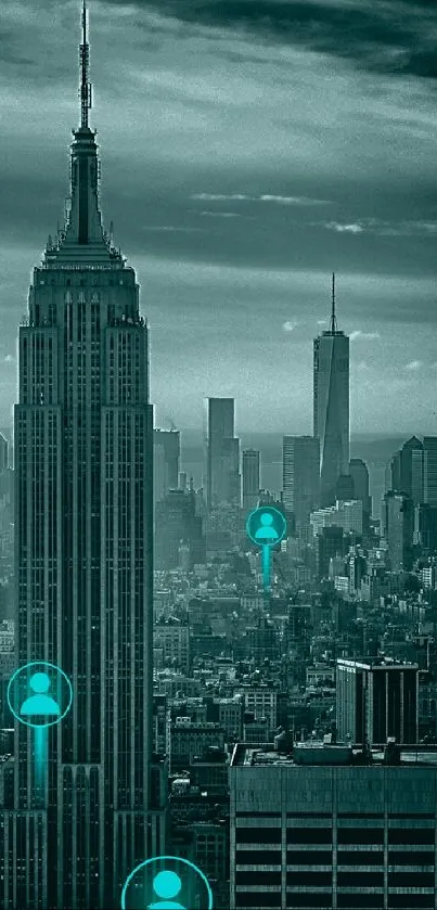 Cyber city skyline with teal digital icons.