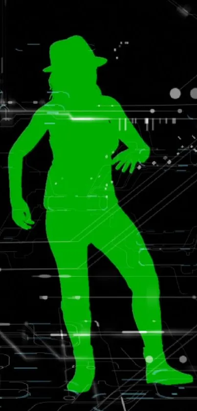 Neon green silhouette on cyber-themed mobile wallpaper.