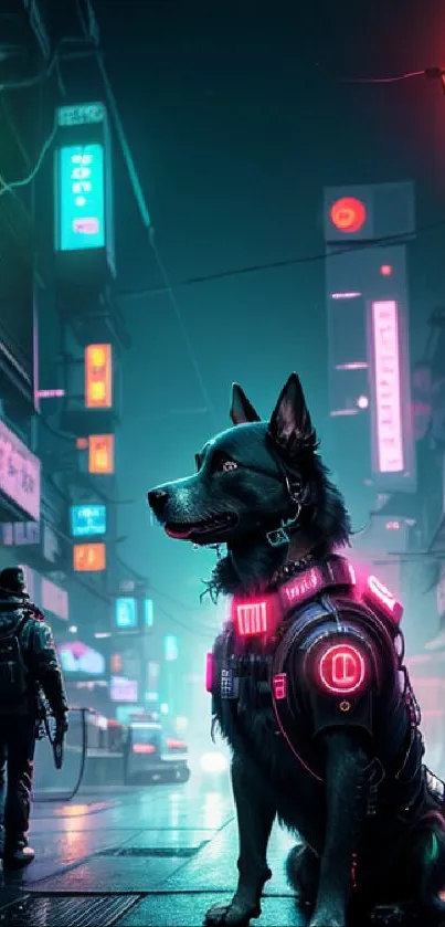 Cybernetic dog in a neon-lit futuristic street scene.