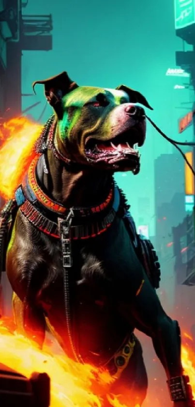 Cybernetic dog in neon-lit futuristic city.