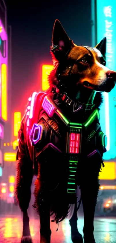 Cyberpunk dog standing in neon-lit city street.