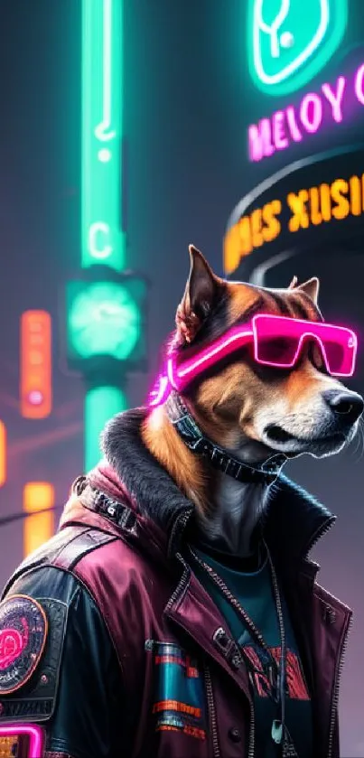 Cyberpunk dog in neon city with glowing sunglasses.