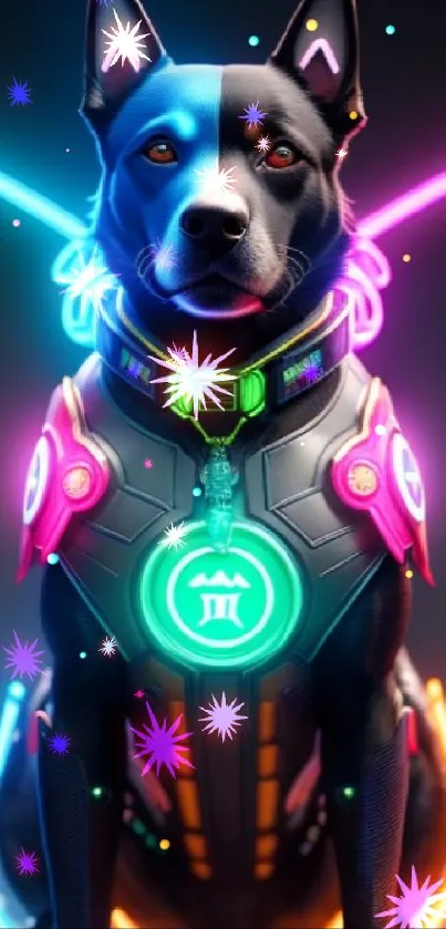 A futuristic cyber dog glowing with neon lights.