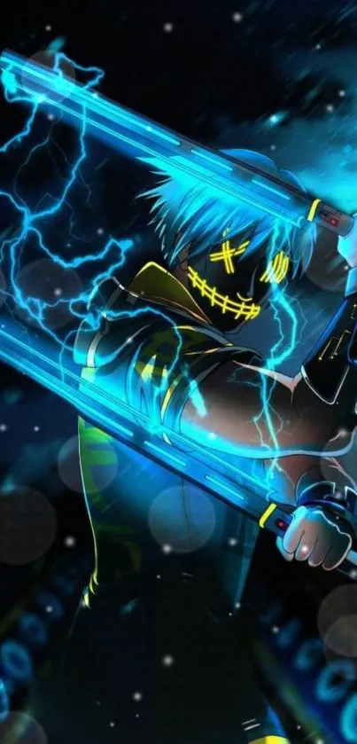 Neon-clad warrior with electric swords in cyberpunk style.