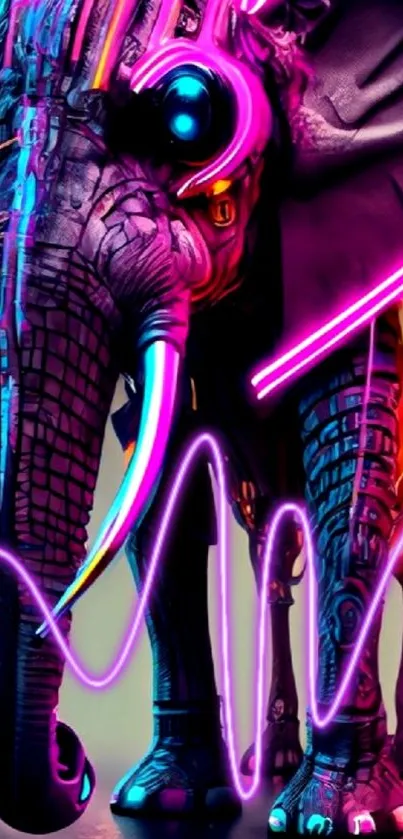 Cyberpunk elephant with neon colors and futuristic design.