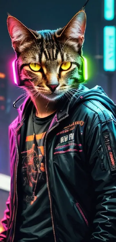 Cyber cat in neon city with vibrant lights.