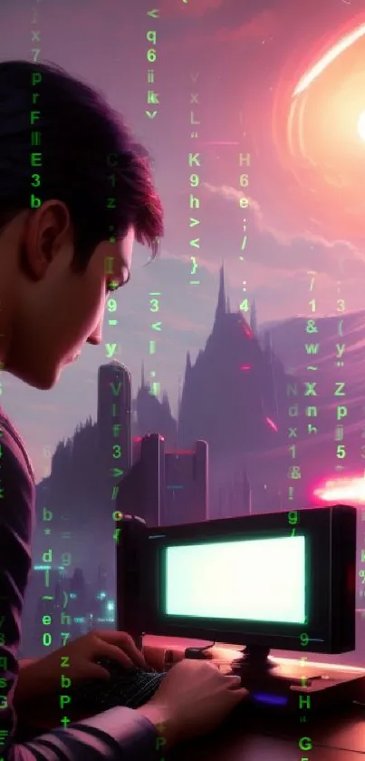 Futuristic cityscape with neon lights and focused individual at computer.