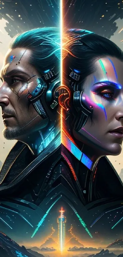 Futuristic cyber-themed wallpaper with dual characters and sci-fi elements.