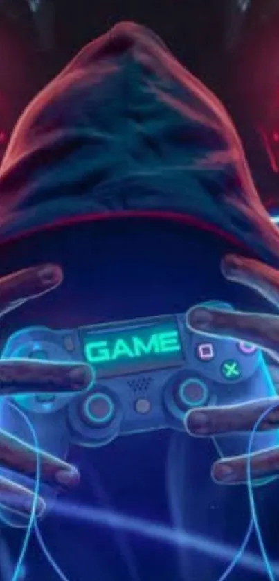 Hooded gamer with controller and neon lights in dark cyber setting.