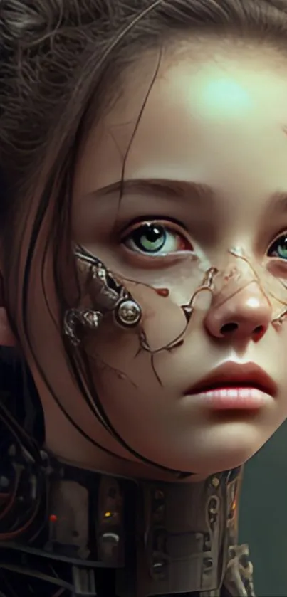 Cyber girl with intricate sci-fi elements and captivating green eyes in fantasy art style.