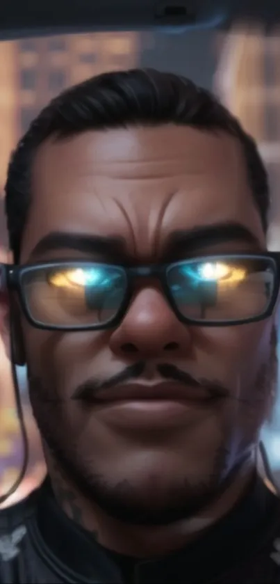 Futuristic male portrait with glowing glasses in urban setting.