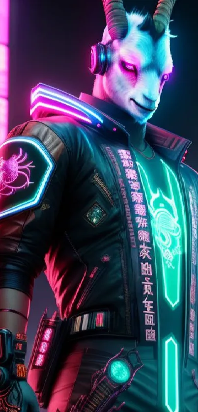 Neon cyber goat in a vibrant cityscape, blending technology and futuristic style.