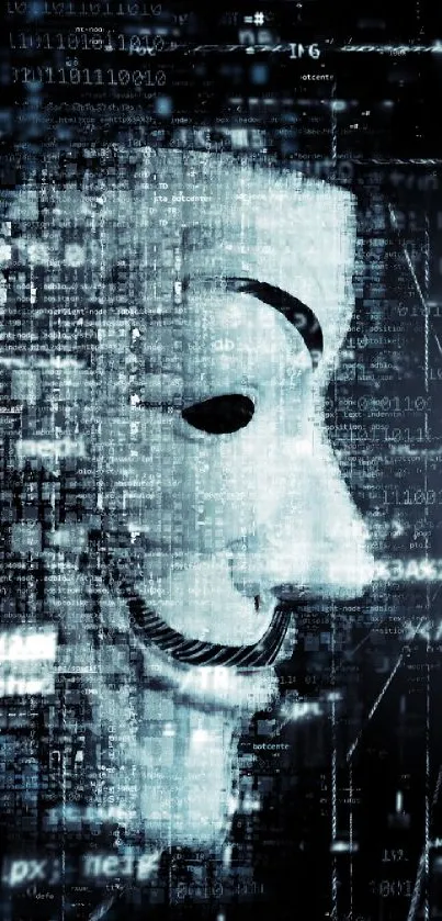 Digital hacker mask with code overlay on a dark background.