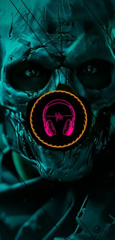 Cyberpunk mask with neon glow in teal background.