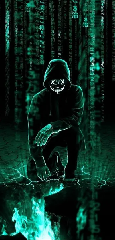 Hooded figure in matrix with glowing teal codes.