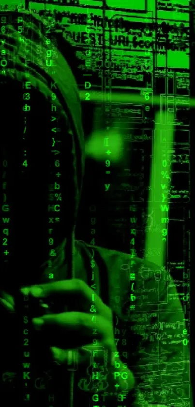 Cyber-themed green matrix wallpaper with hooded figure.