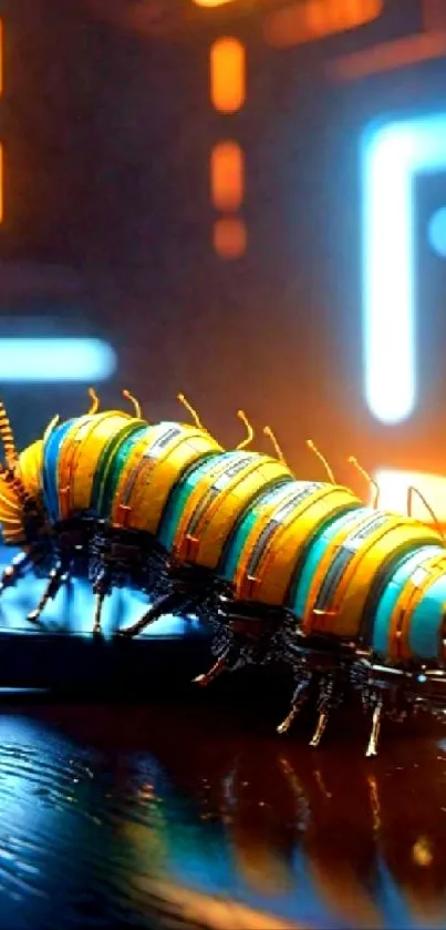 A vibrant neon centipede in a cyberpunk setting with bright colors.