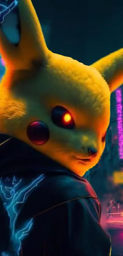 Neon Pikachu in a cyberpunk setting with vibrant yellow and pink hues.