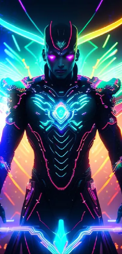 Futuristic neon warrior with vibrant colors and cyber aesthetic.