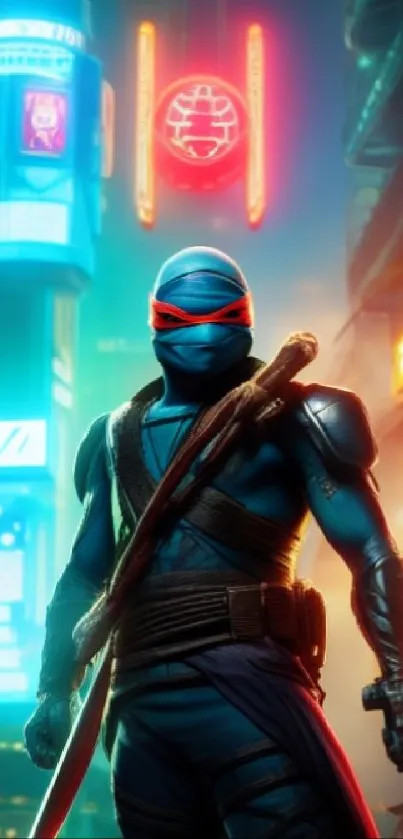 Cyberpunk ninja stands in neon-lit city.