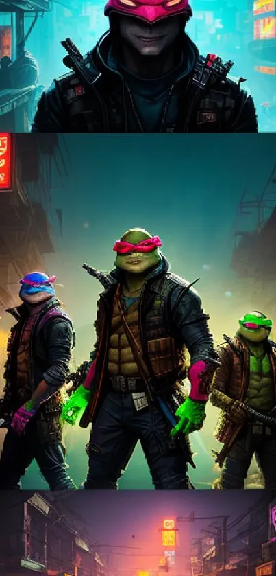 Cyberpunk ninja turtles in a vibrant cityscape setting.