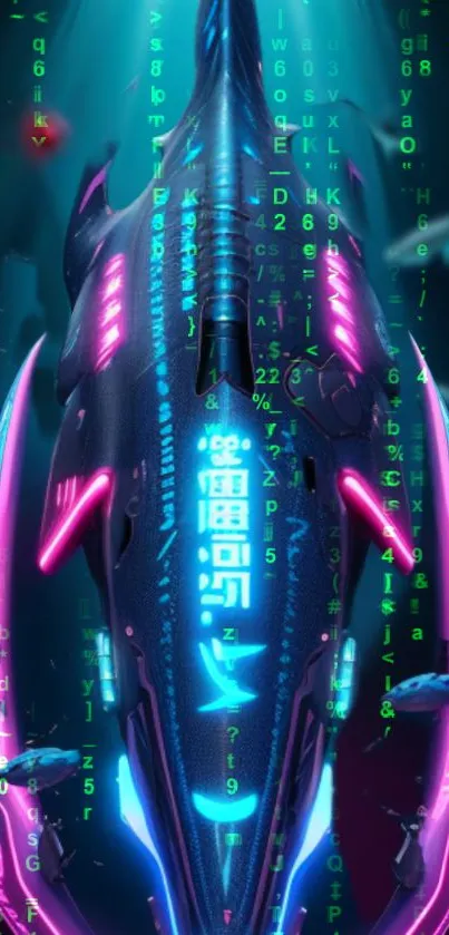 Futuristic cyber ocean with neon lights and digital elements in a mobile wallpaper.