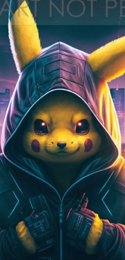 Pikachu in cyberpunk cityscape with neon lights.