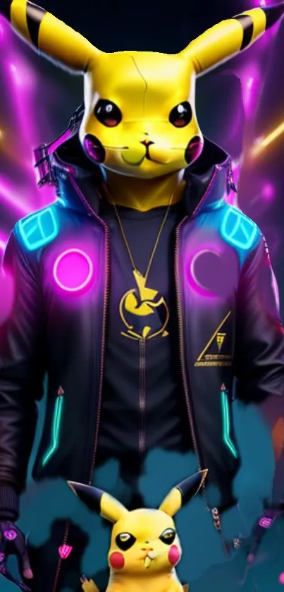 Pikachu in cyber-themed neon suit with futuristic lights.