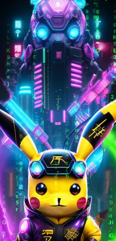 Cyber Pikachu with neon robot and glowing elements.