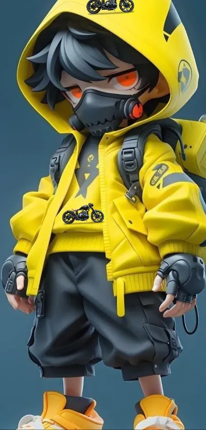 Yellow jacketed character with a cyber punk theme.