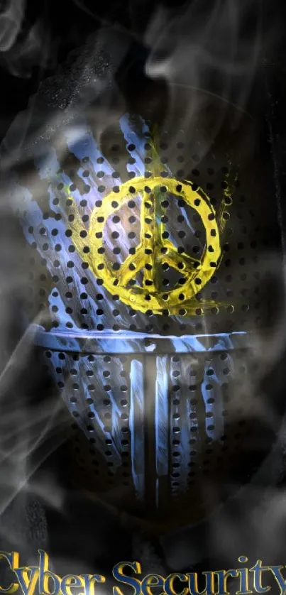 Cyber security mask with peace symbol and smoke.