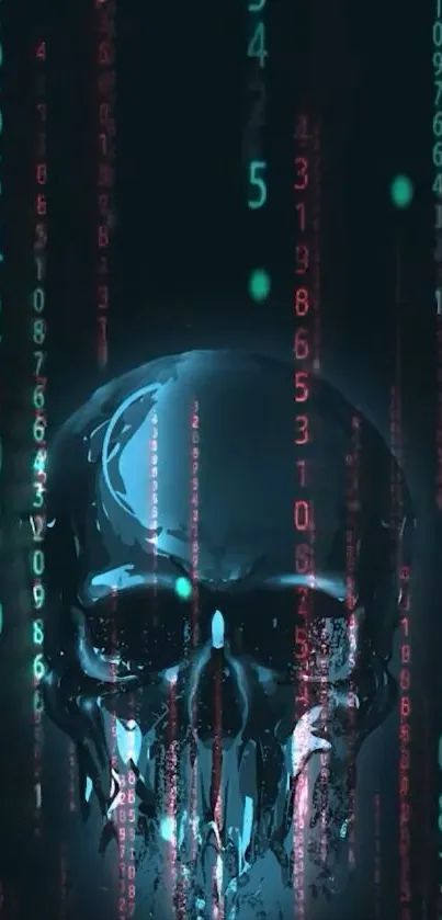 Futuristic skull with digital matrix background on mobile wallpaper.