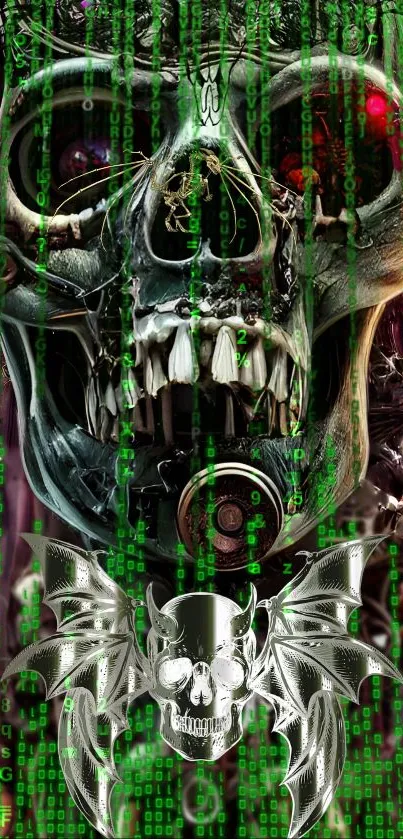 Gothic cyber skull with green matrix code overlay wallpaper.