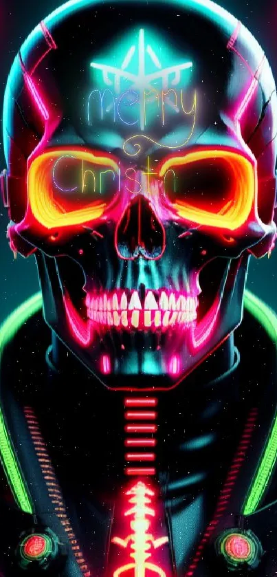 Neon cyberpunk skull with vibrant colors in futuristic digital art style.