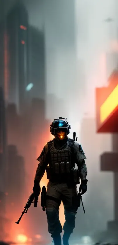 Silhouette of a cyber warrior in a neon-lit futuristic cityscape.