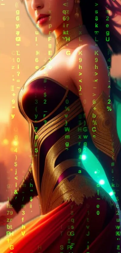 A cyber warrior with neon codes and vibrant colors on a mobile wallpaper.