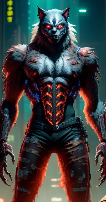 Cyber werewolf in neon cityscape for mobile wallpaper.