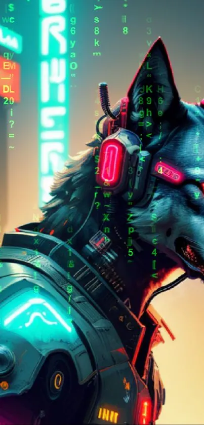 Futuristic robotic wolf with neon lights in a cyberpunk cityscape.