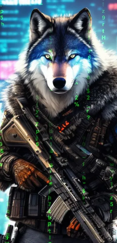 A cybernetic wolf in armor amidst a neon-lit digital cityscape wallpaper.