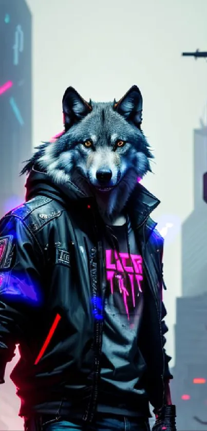 Cyberpunk wolf in a neon-lit cityscape, vibrant and futuristic.