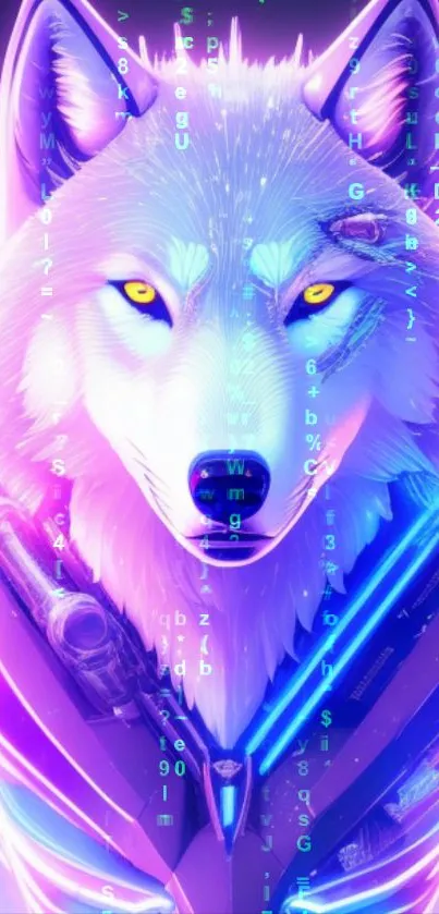 Cyber wolf with neon lights in digital art wallpaper.