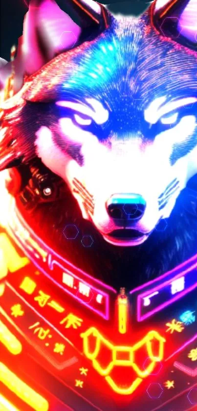 Neon cyber wolf with vibrant colors.